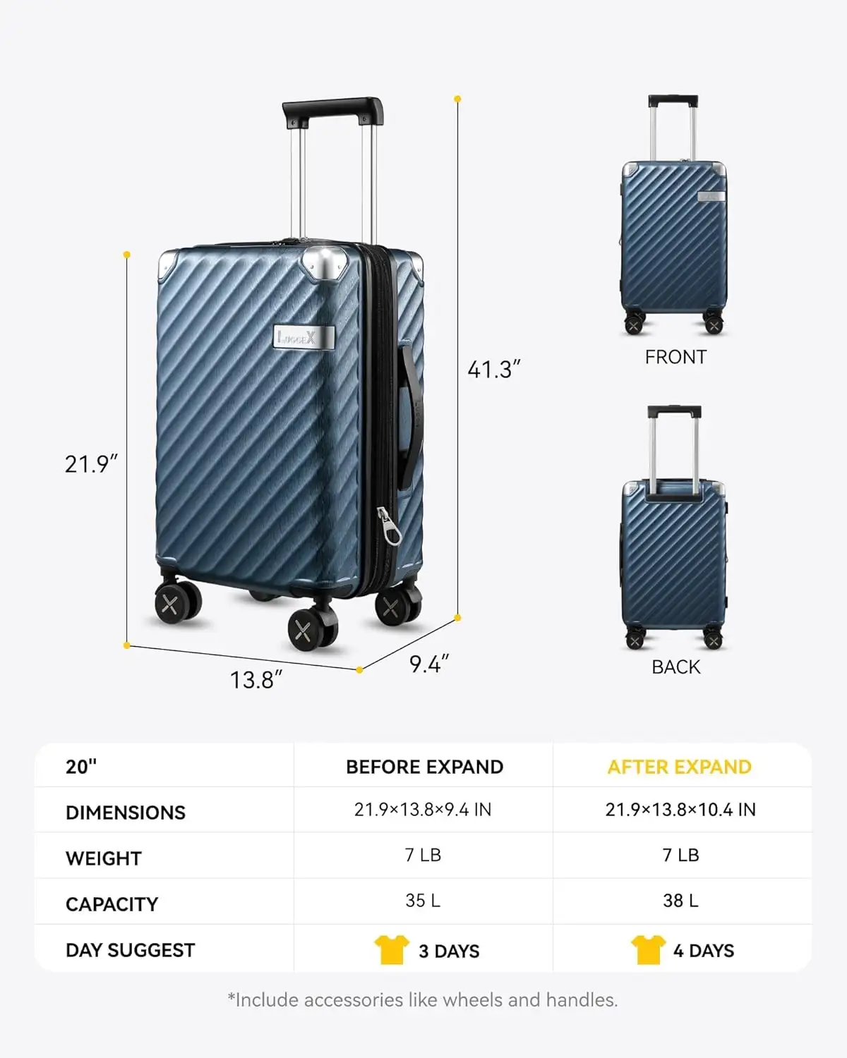 LUGGEX Luggage with Spinner Wheels - Polycarbonate Expandable Hard Shell Suitcase, Carry-On 20-Inch, Black - 71VTeJthq L._AC_SL1500_